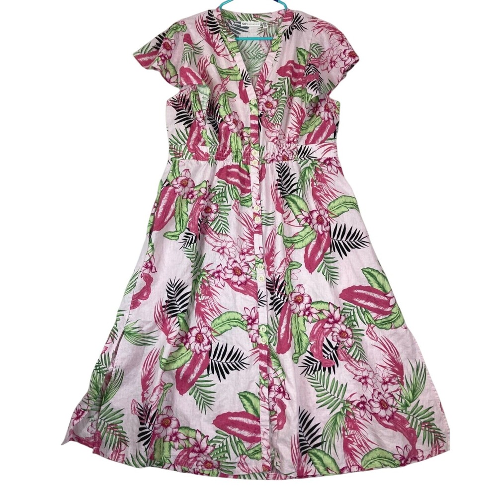 Rafaella Dress Midi Tropical Floral Linen Blend Fit Flare Cottagecore Women XL